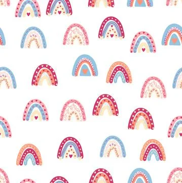 Rainbow seamless pattern in pastel colors. Scandinavian baby hand drawn illus Stock Illustration