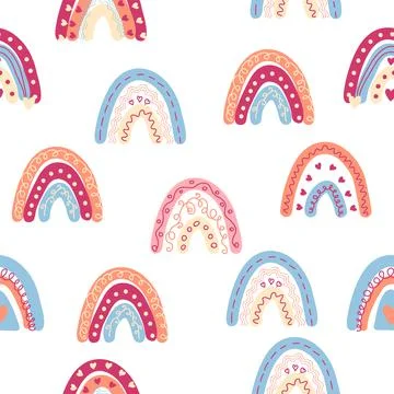 Rainbow seamless pattern in pastel colors. Scandinavian baby hand drawn illus Stock Illustration