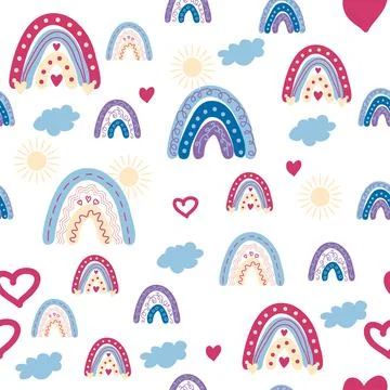 Rainbow seamless pattern in pastel colors. Scandinavian baby hand drawn illus Stock Illustration