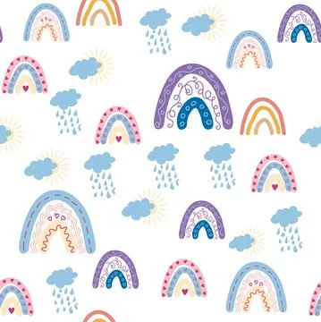 Rainbow seamless pattern in pastel colors. Scandinavian baby hand drawn illus Stock Illustration