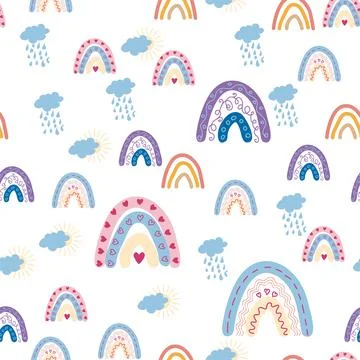 Rainbow seamless pattern in pastel colors. Scandinavian baby hand drawn illus Illustrazione stock