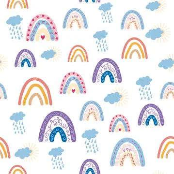 Rainbow seamless pattern in pastel colors. Scandinavian baby hand drawn illus Illustrazione stock