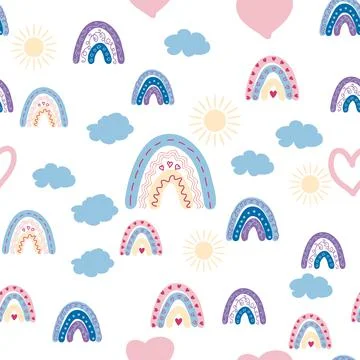 Rainbow seamless pattern in pastel colors. Scandinavian baby hand drawn illus Illustrazione stock