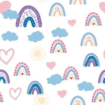 Rainbow seamless pattern in pastel colors. Scandinavian baby hand drawn illus Illustrazione stock
