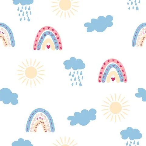Rainbow seamless pattern in pastel colors. Scandinavian baby hand drawn illus Illustrazione stock
