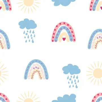 Rainbow seamless pattern in pastel colors. Scandinavian baby hand drawn illus Illustrazione stock