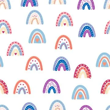 Rainbow seamless pattern in pastel colors. Scandinavian baby hand drawn illus Illustrazione stock