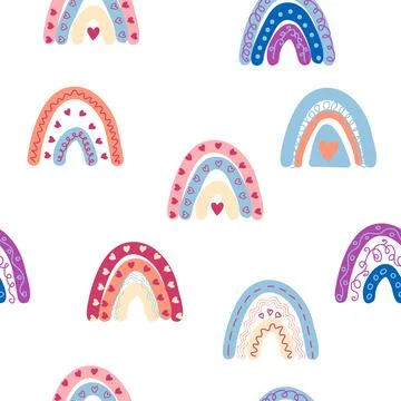 Rainbow seamless pattern in pastel colors. Scandinavian baby hand drawn illus Stock Illustration