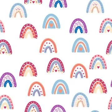 Rainbow seamless pattern in pastel colors. Scandinavian baby hand drawn illus Illustrazione stock