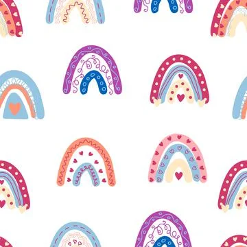Rainbow seamless pattern in pastel colors. Scandinavian baby hand drawn illus Illustrazione stock
