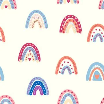 Rainbow seamless pattern in pastel colors. Scandinavian baby hand drawn illus Illustrazione stock
