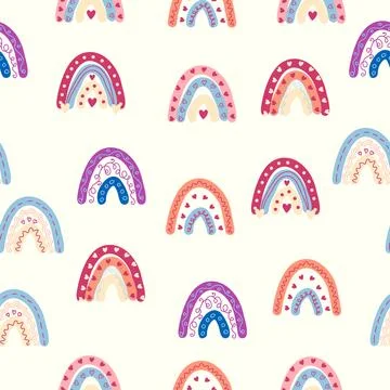 Rainbow seamless pattern in pastel colors. Scandinavian baby hand drawn Illustrazione stock