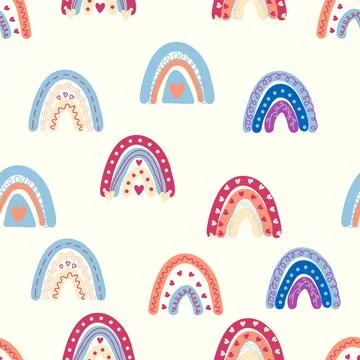 Rainbow seamless pattern in pastel colors. Scandinavian baby hand drawn illus Illustrazione stock
