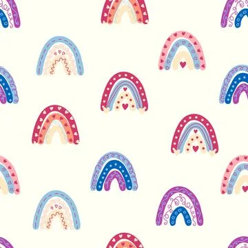 Rainbow seamless pattern in pastel colors. Scandinavian baby hand drawn illus Stock Illustration