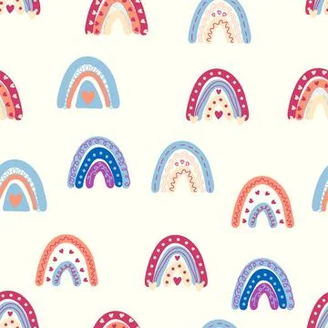 Rainbow seamless pattern in pastel colors. Scandinavian baby hand drawn ill.. Illustrazione stock