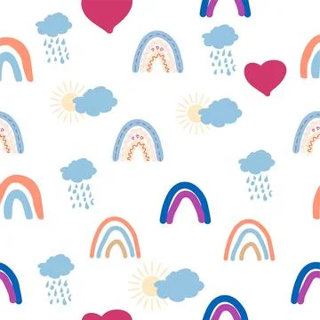 Rainbow seamless pattern in pastel colors. Scandinavian baby hand drawn ill.. イラスト素材