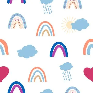 Rainbow seamless pattern in pastel colors. Scandinavian baby hand drawn ill.. Illustrazione stock