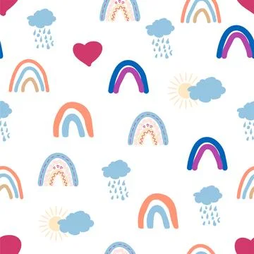Rainbow seamless pattern in pastel colors. Scandinavian baby hand drawn illus 스톡 일러스트