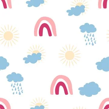 Rainbow seamless pattern in pastel colors. Scandinavian baby hand drawn illus Illustrazione stock