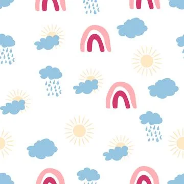 Rainbow seamless pattern in pastel colors. Scandinavian baby hand drawn ill.. Illustrazione stock