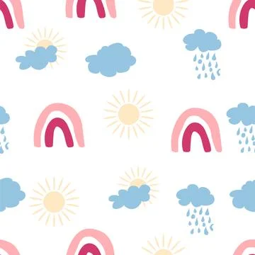 Rainbow seamless pattern in pastel colors. Scandinavian baby hand drawn illus Stock Illustration