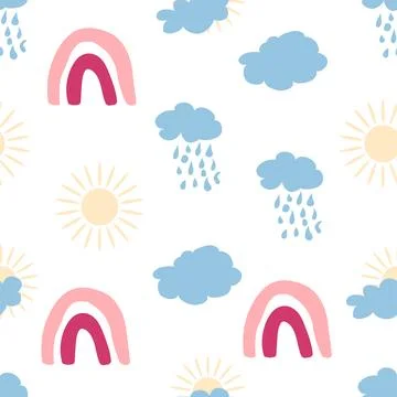 Rainbow seamless pattern in pastel colors. Scandinavian baby hand drawn ill.. Illustrazione stock