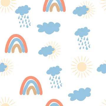 Rainbow seamless pattern in pastel colors. Scandinavian baby hand drawn illus Stock Illustration