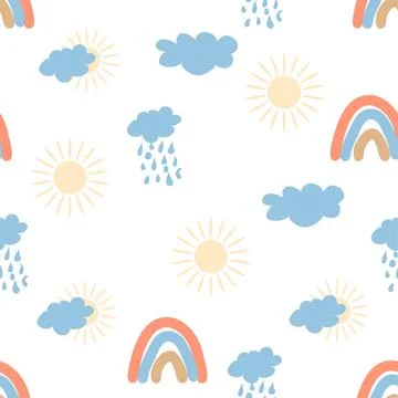 Rainbow seamless pattern in pastel colors. Scandinavian baby hand drawn illus Stock Illustration