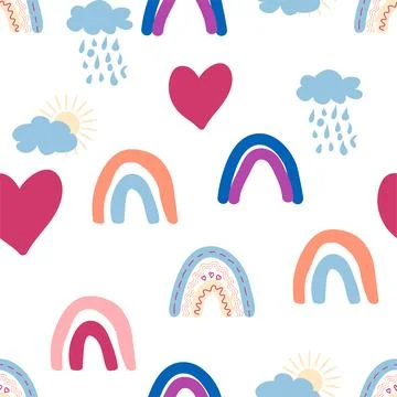 Rainbow seamless pattern in pastel colors. Scandinavian baby hand drawn illus Stock Illustration