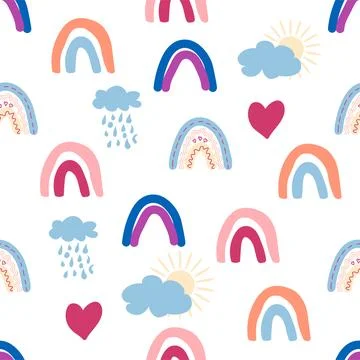 Rainbow seamless pattern in pastel colors. Scandinavian baby hand drawn ill.. Stock Illustration