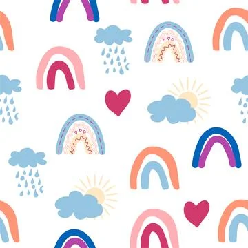 Rainbow seamless pattern in pastel colors. Scandinavian baby hand drawn ill.. Stock Illustration