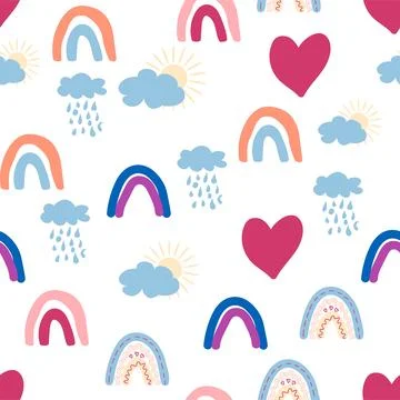 Rainbow seamless pattern in pastel colors. Scandinavian baby hand drawn ill.. Stock Illustration