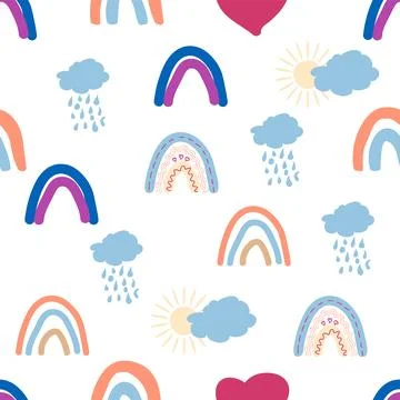 Rainbow seamless pattern in pastel colors. Scandinavian baby hand drawn ill.. Stock Illustration
