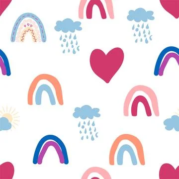 Rainbow seamless pattern in pastel colors. Scandinavian baby hand drawn illus Stock Illustration