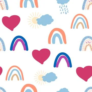 Rainbow seamless pattern in pastel colors. Scandinavian baby hand drawn illus Stock Illustration
