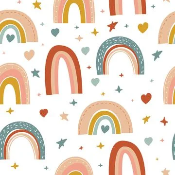 Rainbow seamless pattern. Vector hand drawn rainbow in cartoon Scandinavian boho Stock Illustration