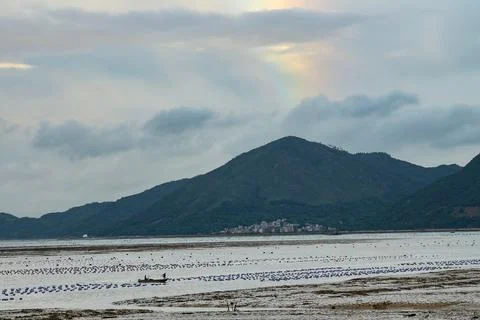 A rainbow by the seaside. Stock Photos