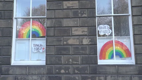 Rainbow sign drawn by children in Edinburgh for the NHS &amp; carers Stock Footage 129592032