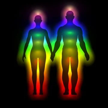 Rainbow silhouette with aura - woman and man Stock Illustration