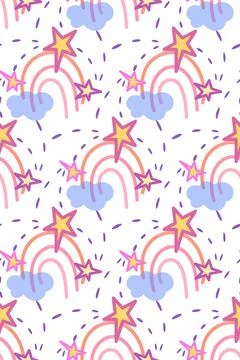 Rainbow, sky space seamless pattern, funny childish hand drawn style, shapes of Stock Illustration