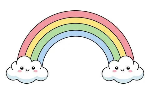 Rainbow with Smiling Clouds Vector Illustration, Pastel Colorful Weather El.. Illustrazione stock