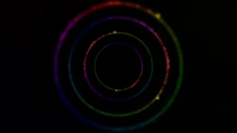 Rainbow sound wave circle visual glowing equalizer rings, black center space, an Stock Footage 340574186