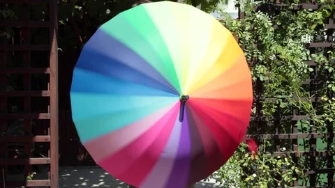 Rainbow spectrum umbrella spinning in a garden on a sunny day Stock Footage 80383057