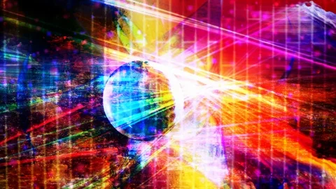 Rainbow Sphere Reflecting Light Beams with Falling Purple Particles Stock Footage 112918348