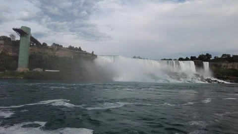 Rainbow in the spray of American Falls beside the Observation Tower Stock Footage 345996056