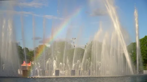 Rainbow in the spray of the fountain Stock Footage 75904750