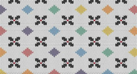 Rainbow square and grey flower on white knitted pattern, Festive Sweater De.. Stock Illustration