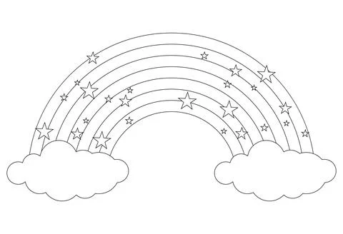 Rainbow with stars and clouds coloring page book black and white line art Stock Illustration