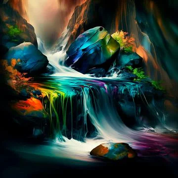A rainbow stream splashes in the mountains Stock Illustration