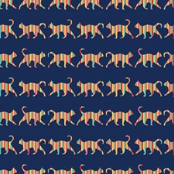 Rainbow striped walking cats vector seamless repeat pattern Stock Illustration